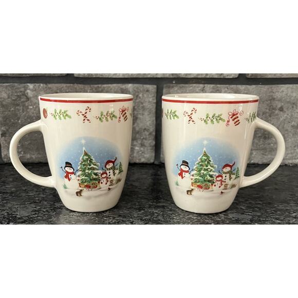 2 Christmas Tree Snowman Hot Chocolate Coffee Mugs China Red Band Holly Border - Picture 1 of 5